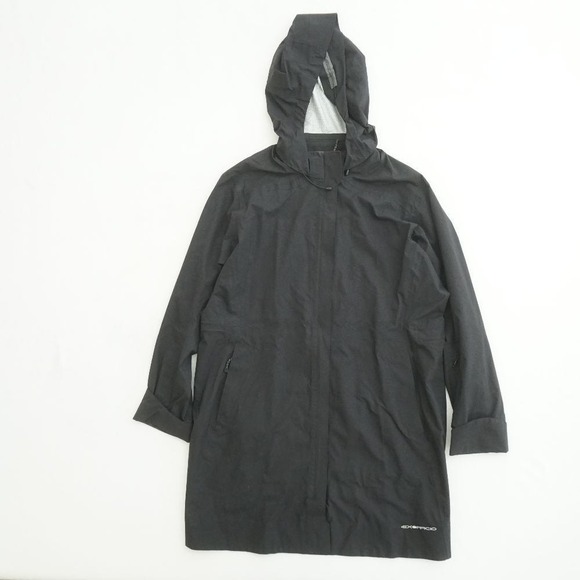 ExOfficio Womens Logic Trench Coat Rain Jacket Hooded Black Size Large Nylon - Picture 1 of 12